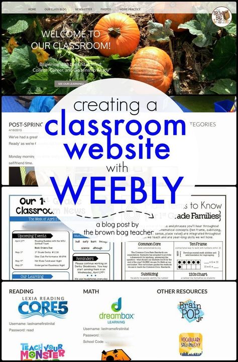 Great tips for Creating a simple Classroom Website using Weebly. I love seeing the examples of her 1st grade classroom website! Easy way to communicate with families. (The Brown-Bag Teacher) School Diy Ideas, Classroom Website, Technology Classroom, Educational Technology Tools, Teacher Websites, Teacher Tech, Teaching Technology, Instructional Technology, Parent Communication