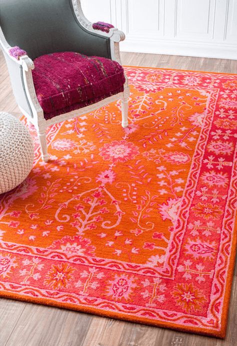 bright red and pink floral rug, pantone flame Bright Rugs, Orange Decor, Preppy Room, Orange Rug, Rugs Usa, Orange Area Rug, Pink Room, Orange And Pink, Orange Rugs