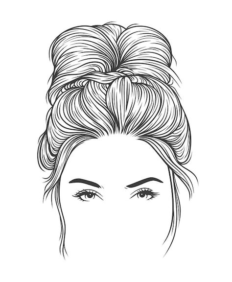 Bun Hairstyle Sketch, Hairstyles Illustration Fashion, Drawing Hair Bun, How To Draw A Messy Bun, Sketches Of Hair, Messy Bun Drawing Reference, Messy Bun Sketch, Hairstyles Illustration Sketches, Hair Bun Illustration