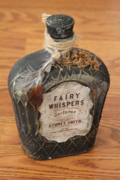 halloween decor altered bottle fairy by ReflectionsOfAmber on Etsy Apothecary Bottles Diy, Potion Bottle Ideas, Potion Bottles Aesthetic, Potion Bottle Diy, Dragon Potion, Fantasy Apothecary, Potions Aesthetic, Potion Decor, Witch Potion Bottles