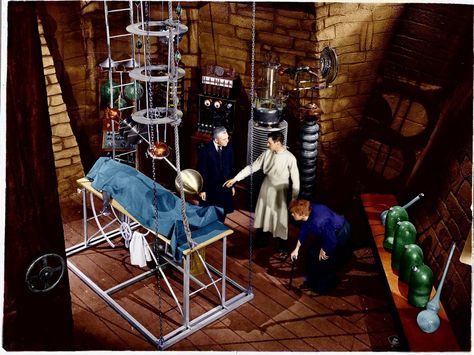 Colored photos of the laboratory sets from Universals “Frankenstein” (1931) and “Bride of Frankenstein” (1935) Frankenstein Laboratory Art, Colin Clive, Frankenstein Lab, Lisa Frankenstein Dream Scene, Steampunk Laboratory, National Theatre Frankenstein, Victor Frankenstein 1931, Frankenstein 1931, Mad Scientists