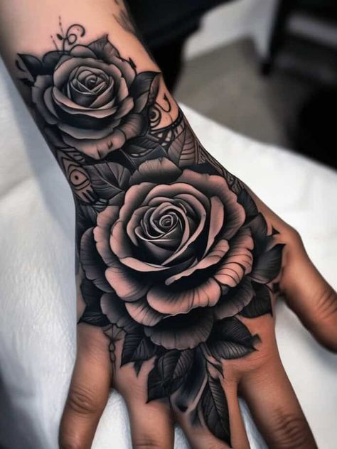 29 Traditional Rose Tattoo Designs for Timeless Personal Expression 8 Hand Tattoo Cover Up, Traditional Rose Tattoo, Best Cover Up Tattoos, Full Hand Tattoo, 42 Tattoo, Rose Hand Tattoo, Traditional Rose, Hand And Finger Tattoos, Black Rose Tattoos