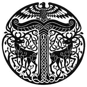 The symbol of the Irminsul of the pagan German tribes. Notice the two stags flanking it, while sitting on top is a bird of prey—maybe a Turul Bird? May be one of the first Political symbols. Anglo Saxon Tattoo, Runes Tattoo, Arte Viking, Norse Design, Art Viking, Symbole Viking, Rune Tattoo, Germanic Tribes, Theme Tattoo