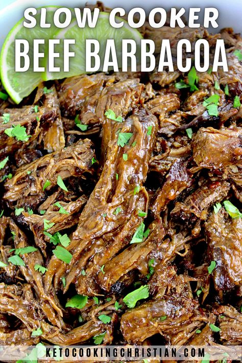 Incredibly juicy, tender and exploding in rich, robust chipotle flavors, this melt in your mouth Slow Cooker Beef Barbacoa will top your list of all-time favorite Mexican-inspired recipes. #beefbarbacoa #ketomexicanfood #slowcookerbarbacoa #crockpotrecipes Christian Meals, Mexican Pot Roast, Barbacoa Crock Pot, Slow Cooker Beef Barbacoa, Beef Barbacoa Slow Cooker, Low Carb Slow Cooker Recipes, Beef Barbacoa, Slow Cooker Barbacoa, Barbacoa Recipe