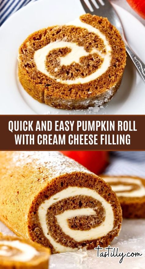 Mess-Free Pumpkin Roll – Get flawless results with this simple pumpkin roll recipe and a delicious cream cheese center. Easy to store or freeze! 🍂🎃 #EasyPumpkinRoll #PumpkinBaking Easy Pumpkin Roll, Roll With Cream Cheese Filling, Pumpkin Cream Cheese Roll, Pumpkin Roll Recipe Easy, Cream Cheese Roll Up, Pumpkin Roll Cake, Pumpkin Rolls Recipe, Cheesy Hashbrown Casserole, Cream Cheese Rolls