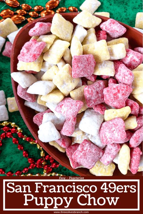 San Francisco 49ers Puppy Chow recipe is made with Chex cereal and red, gold, and white candy melts. Celebrate your favorite NFL football team with a team colored snack or appetizer dessert recipe. Great for game day and Super Bowl party food. Gluten free. #gameday #49ers Chiefs Puppy Chow, Gluten Free Football Snacks, Superbowl Party Food Healthy, Sweet Chex Mix, Sweet Chex, Puppy Chow Recipe, Chow Recipe, Puppy Chow Recipes, Bowl Party Food