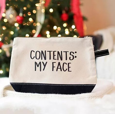 Because who talks anymore? Funny Makeup Bag, Face Funny, Bag Quotes, Canvas Makeup Bag, Funny Gift Idea, Transfer Printing, Cricut Creations, Makeup Bags, Toiletry Storage