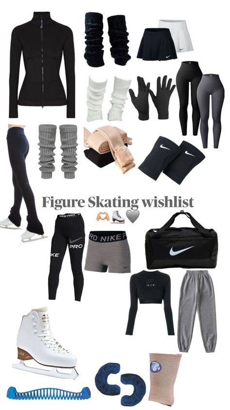 Black Ice Skating Outfit, Ice Skating Needs, Figure Skating Needs, Figure Skating Outfit Ideas, Figure Skating Diet, Figure Skating Outfits Practice Style, Easy Ice Skating Tricks, Figure Skating Bag Essentials, Ice Skating Bag Essentials