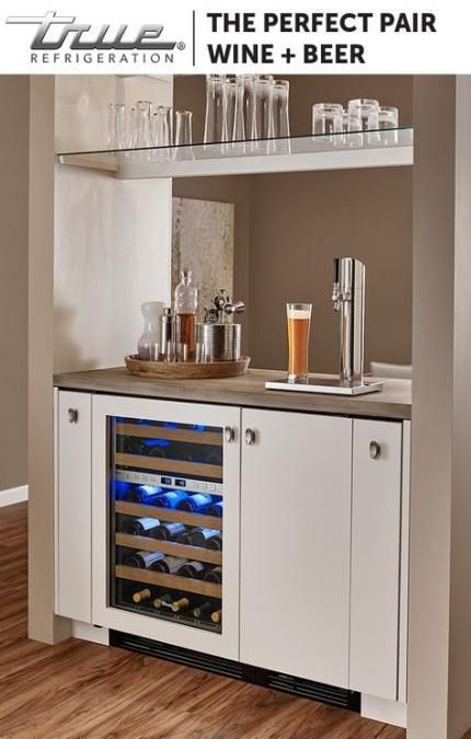 Bar With Kegerator, Kegerator Ideas, Kegerator Cabinet, True Residential, Bar Fridge, Starter House, Brew Bar, Beverage Station, Beverage Bar