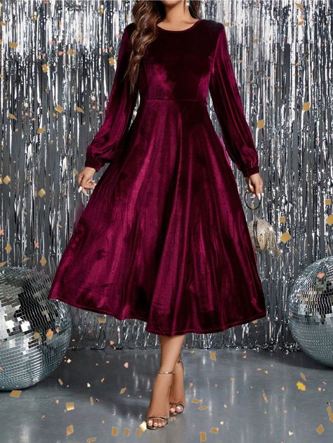 Burgundy Party Collar Long Sleeve Fabric Plain A Line Embellished Medium Stretch  Women Clothing Simple Velvet Dress, Burgundy Party, Sleeved Velvet Dress, Preppy Prom, Sukienki Plus Size, Studded Dress, Business Formal Dress, Lantern Sleeve Dress, Formal Dresses Gowns