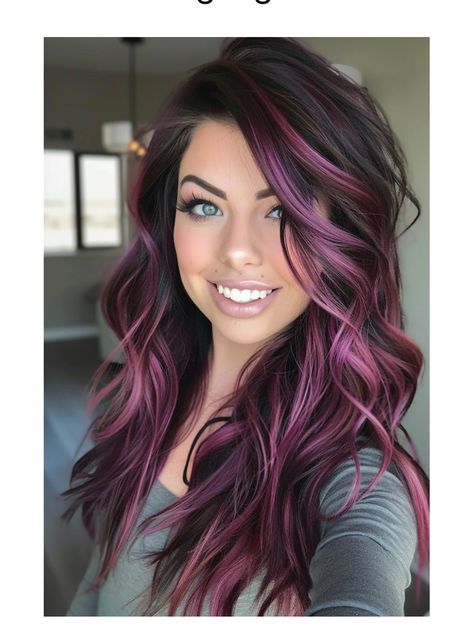 Lowlights In Brown Hair, Pink Lowlights In Brown Hair, Pink Lowlights, Plum Brown Hair, Brown Hair With Blonde, Hair With Blonde Highlights, Brunette Balayage, Hair Color Crazy, Brown Hair With Blonde Highlights