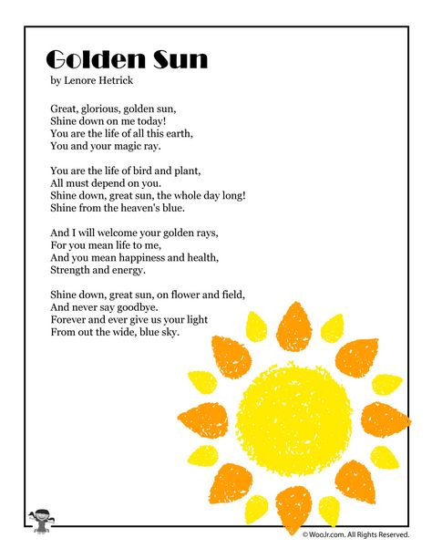 Golden Sun Poem About Summer | Woo! Jr. Kids Activities : Children's Publishing Poem About Summer, Sun Poem, Summer Poems, Preschool Poems, Seasons Song, Animal Poems, Poetry Tea, Kids Rhymes, Rhyming Poems