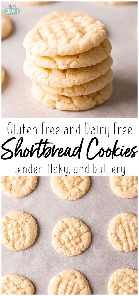 Our tender and buttery shortbread cookies are easy to make and are gluten free and dairy free! These have a delicious melt-in-your-mouth texture and don't require chilling or rolling cookie dough. | thefitcookie.com Gluten Free Shortbread Cookies Recipes, Dairy Free Shortbread Cookies, Dairy Free Shortbread, Cookies Dairy Free, Gluten Free Shortbread Cookies, Vegan Shortbread Cookies, Vegan Shortbread, Gluten Free Baking Mix, Gluten Free Shortbread