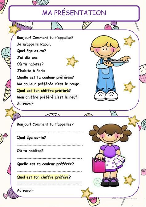 Ma présentation (Questions) - Français Fle Fiches Pedagogiques French Preschool Activities, French Language Learning Kids, French Lessons For Beginners, Learning French For Kids, French Basics, French Flashcards, Basic French Words, French Worksheets, French Teaching Resources