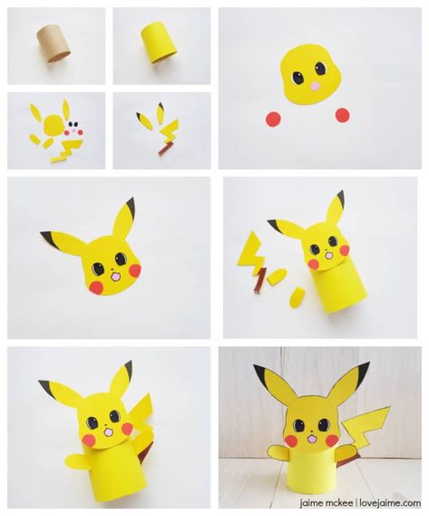 Pokémon Pikachu paper craft DIY (toilet paper roll craft) Diy Pokemon Crafts, Diy Pokemon, Paper Bunny, Pikachu Pikachu, Craft Projects For Adults, Pokemon Diy, Puppets Diy, Pokemon Craft, Monthly Crafts