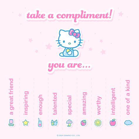 #WellnessWednesday: Take what you need 💖 Tag a bestie to send a compliment on #NationalComplimentDay! Take A Compliment, Positive Wallpapers, Hello Kitty Crafts, Take What You Need, Many Friends, Cute Inspirational Quotes, Hello Kitty Items, Drawing Inspo, Self Love Affirmations