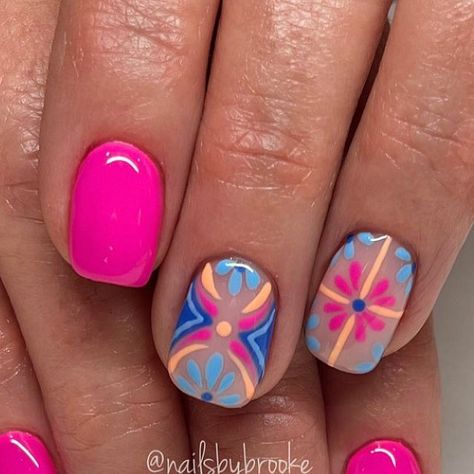 Spanish Style Nail Art, Colorful Summer Nail Designs, Nail Designs Neon Colors, Ora Nails Ideas, Margarita Nails Design, Pool Nails Designs, Fiesta Nails Designs, Nail Designs Hand Painted, Summer Nail Art 2024