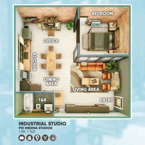 Sims Floor Plans, Floor Plans Apartment, Sims 4 Loft, Sims 2 House, Industrial Studio, Sims 4 Houses Layout, San Myshuno, Sims Freeplay Houses, Sims 4 Challenges