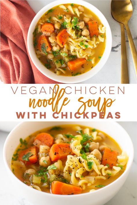 Vegan Chicken Noodle Soup -- This easy soup recipe has all the heartiness of classic chicken noodle soup - but plant-based! Featuring chickpeas and veggies, this soup recipe is delicious and filling. #vegansoup #veganchickennoodlesoup #chickpeanoodlesoup #vegandinner | Mindful Avocado Chickpea Noodle Soup, Soup With Chickpeas, Chicken Chickpeas, Chickpea Noodle, Vegan Chicken Noodle Soup, Classic Chicken Noodle Soup, Veggie Soup Recipes, Easy Soup Recipe, Plant Based Soups