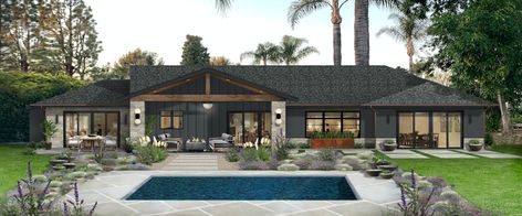 Contemporary Ranch Home, Dark Gray Paint Colors, Modern Ranch Style Homes, Spanish Mediterranean Homes, Modern Farmhouse Ranch, Dark Grey Paint, Small Bungalow, Ranch House Exterior, Farmhouse Trends