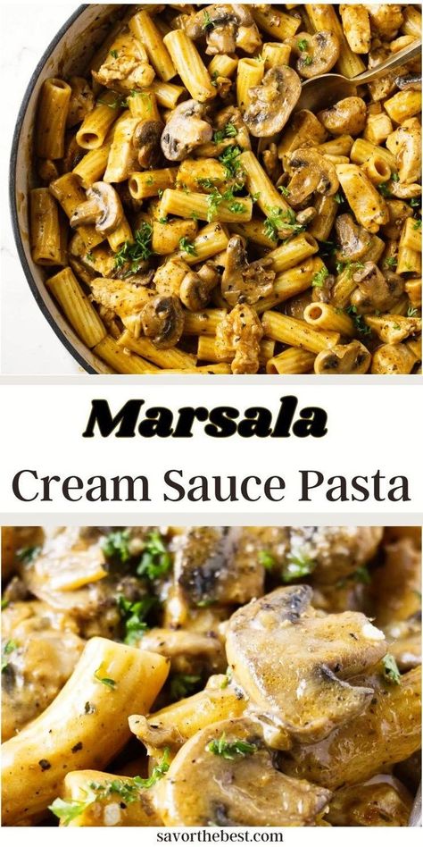 This creamy marsala pasta includes tender chicken and earthy mushrooms bathed in a creamy marsala sauce. This easy creamy marsala pasta recipe brings restaurant-quality flavors to your dinner table. Marsala Cream Sauce, Mushroom Marsala Sauce, Chicken Marsala Pasta, Marsala Pasta, Mushroom Marsala, Marsala Sauce, Healthy One Pot Meals, Marsala Recipe, Cream Sauce Pasta