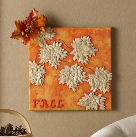 Make a Fall Canvas with Pumpkin Seeds Diy Pumpkin Seeds, Fall Crafts For Adults, Paper Mache Pumpkins, Seed Art, Fall Leaf Garland, Mod Podge Crafts, Fall Canvas, Easy Diy Decor, Easy Fall Crafts