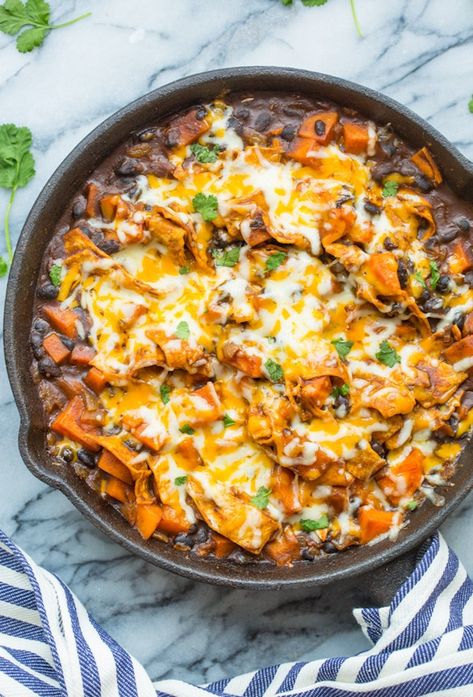 Sweet Potato & Black Bean Enchilada Skillet up close in a skillet Black Bean Casserole, Enchilada Skillet, Sweet Potato And Black Bean, Sweet Potato Black Bean, Black Bean Enchiladas, Sweet Potato Skillet, Bean Enchiladas, Homemade Enchilada Sauce, Homemade Enchiladas