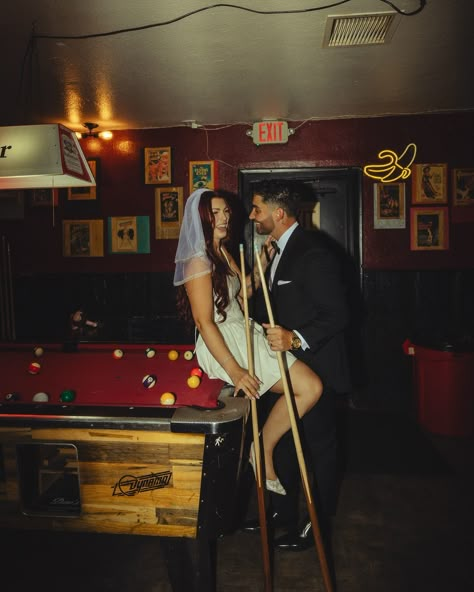 A Vegas wedding will never not be iconic, charming, and delightful 🎰🎲☎️🌠 Dive Bar Wedding Reception, Dive Bar Wedding, Human Pose, Bar Wedding Reception, Pool Hall, Pool Halls, Bar Wedding, Dive Bar, Engagement Pics