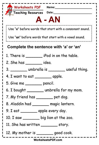 Articles – A and AN (Free Printables) A An Worksheet, Indefinite Articles, Article Grammar, Articles Worksheet, English Grammar Exercises, English Grammar For Kids, Grammar For Kids, Teaching English Grammar, Basic English