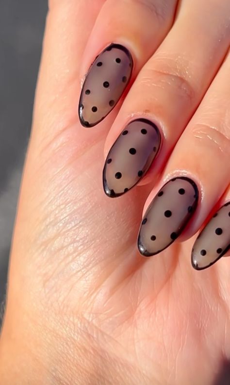 Sheer Polka Dot Nails, Funky Black Nails, Black And White Polka Dot Nails, Black Dots Nails, Black Matte Nail Designs, Black Coquette Nails, Starter Nails, Black Polka Dot Nails, Nail Doodles