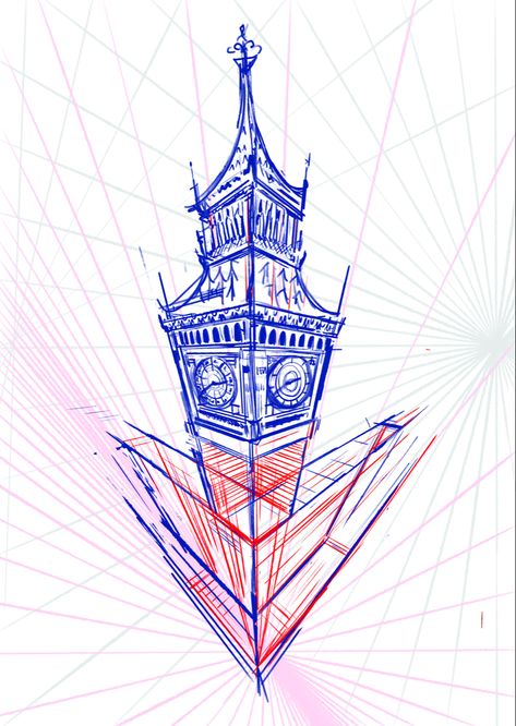 Clock Tower Drawing, Big Ben Sketch, Big Ben Drawing, Three Point Perspective, 3 Point Perspective, Perspective Sketch, Point Perspective, Perspective Drawing, Sketch Ideas