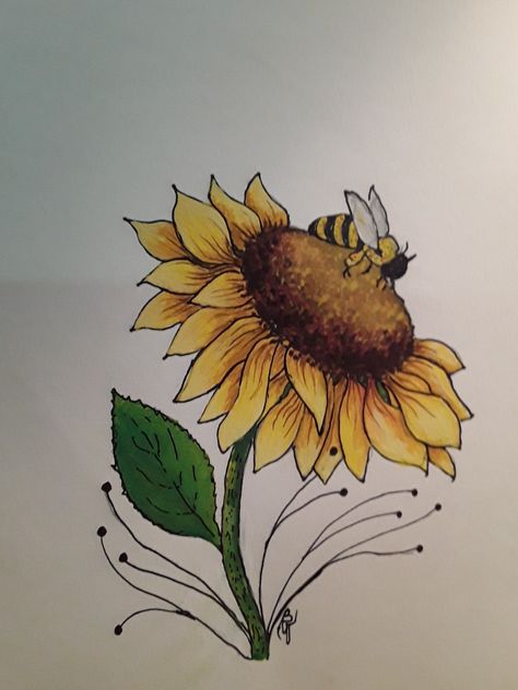 Sunflower and Bumblebee Sunflower Bee Drawing, Sketches Of Sunflowers, Bee And Sunflower Drawing, Sunflower With Bee Drawing, Bee Flower Drawing, Bees And Flowers Drawing, Flower And Bee Painting, Bee On A Flower Drawing, Sunflower And Bee Painting