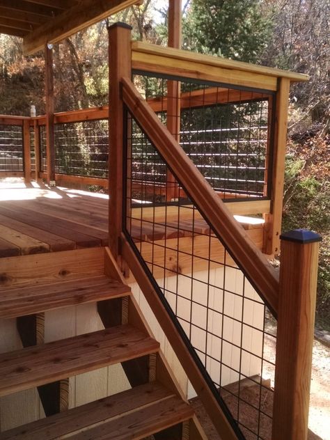 Hog Wire Deck Railing, Wild Hog Railing, Custom Deck Railing, Wire Deck Railing, Wood Deck Railing, Porch Railing Designs, Metal Deck Railing, Cabin Deck, Front Porch Railings