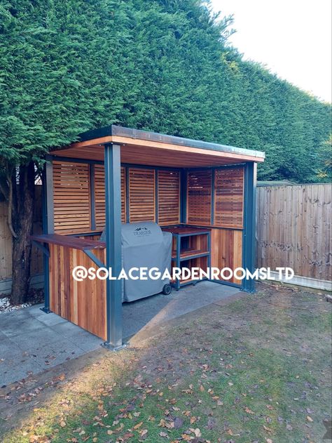 Bbq Shelter Ideas How To Build, Enclosed Grilling Area, Garden Cooking Area, Bbq Pod, Garden Bbq Ideas, Covered Bbq Area, Living Pergola, Bbq Area Ideas, Bbq Shelter Ideas