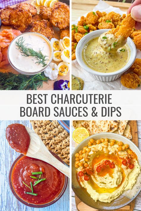 Here's your handy guide for including the perfect sauces, dips, chutneys and jams for your charcuterie board creations. Save this one to your favorite recipe board and you'll always be prepared! App Charcuterie Board Ideas, Best Charcuterie Pairings, Charcuterie Board Sides, What Dips Go On A Charcuterie Board, Cheese Dips For Charcuterie Board, Charcuterie Boards With Dips, Condiments For Charcuterie Board, Cheese Board Spreads, Dips For Charcuterie Board Ideas