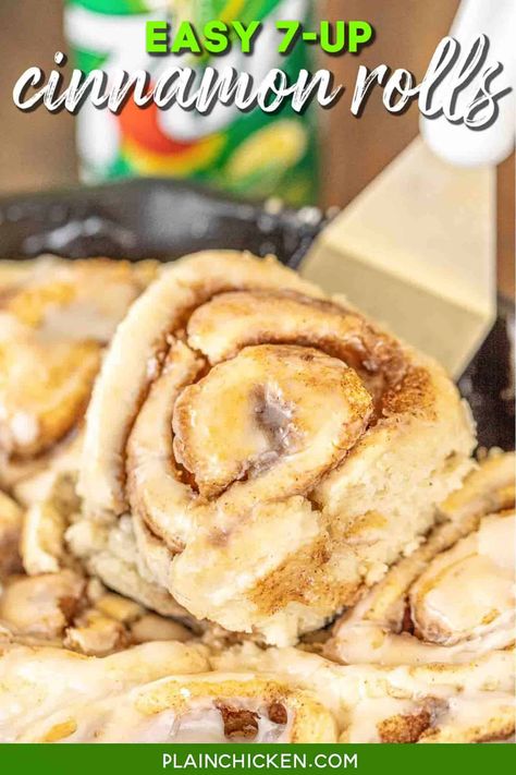 Easy 7up Biscuit Cinnamon Rolls - these are the easiest homemade cinnamon rolls I've ever made. They are so tender and flaky and ready in about 30 minutes. The best part about this recipe is there is NO YEAST and no kneading and no rising! Bisquick, 7up, sour cream, butter, brown sugar, cinnamon, powdered sugar, milk, and vanilla. Can make in advance and freeze for later. #biscuits #cinnamonrolls #breakfast #noyeast 7up Biscuit, Bisquick Cinnamon Rolls, Plain Chicken Recipe, Cream Cheese Biscuits, Biscuit Cinnamon Rolls, Homemade Cinnamon Rolls Easy, Blueberry Biscuits, Morning Recipes Breakfast, Pancake Bites