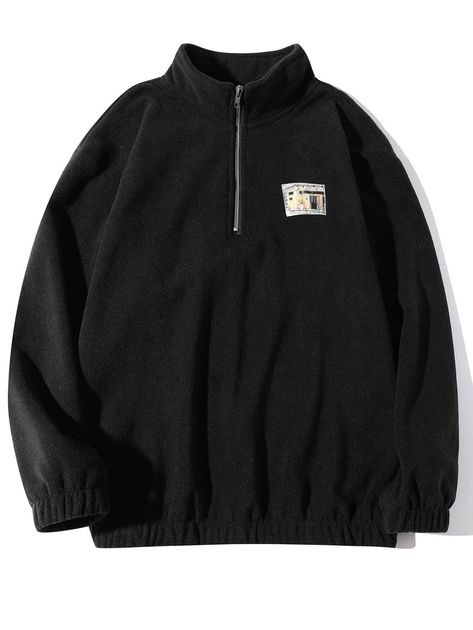 Men Half Zip Patched Teddy Sweatshirt | SHEIN Mens Quarter Zip, Waffle Shirt, Retro Sweatshirts, Sherpa Pullover, Collared Sweatshirt, Black Sweatshirt, Quarter Zip Sweatshirt, Polar Fleece, Hoodie Top