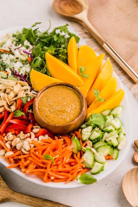 Thai Mango Crunch Salad with Spicy Peanut Dressing Spicy Peanut Dressing, Thai Crunch Salad, Salad With Mango, Thai Mango, Samosa Chaat, Crunch Salad, Peanut Dressing, Small Food Processor, Spicy Peanuts