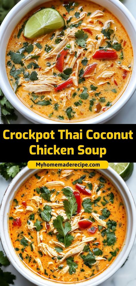 This Thai coconut chicken soup is creamy, flavorful, and made easily in the Crockpot with coconut milk, chicken, and Thai spices. Ingredients: 2 cups shredded chicken 4 cups chicken broth 1 can coconut milk 1 tbsp red curry paste 1 cup sliced mushrooms Serve this soup garnished with fresh cilantro and lime wedges Coconut Curry Chicken Crockpot, Spicy Thai Chicken Soup, Thai Chicken Curry Soup, Crockpot Thai, Coconut Curry Chicken Soup, Thai Coconut Curry Chicken, Thai Soup Recipes, Thai Coconut Curry Soup, Coconut Chicken Recipe