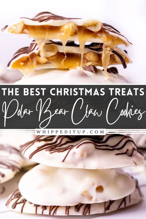 Polar bear claw cookies are filled with a velvety caramel sauce and packed with salted peanuts. Encased in a white chocolate coating, these Christmas cookies will become your new favorite recipe! Bear Claw Cookies, Salted Peanuts, Large Glass Bowl, Dipped Cookies, Easy Holiday Recipes, Bear Cookies, Filled Cookies, Bear Claw, Bear Claws