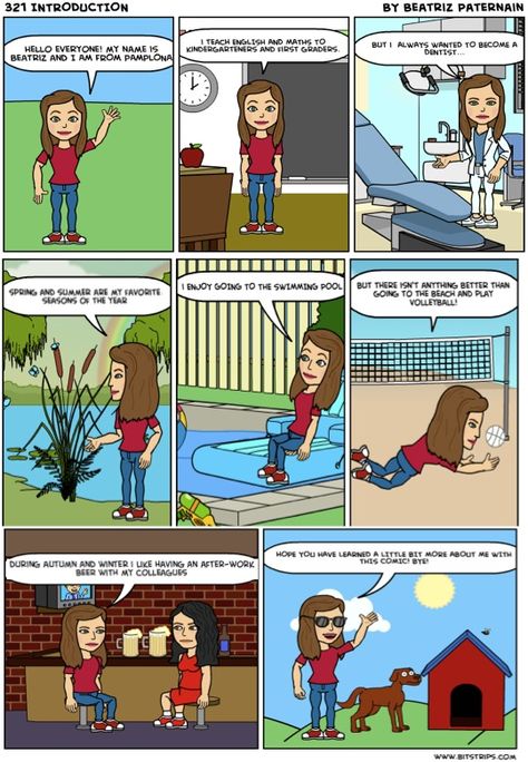 Module 1: 321 Introduction. I created this comic with the app "bitstrips" http://bitstrips.com/create/comic/ You have different features to apply to your comic such as various layouts, a big art gallery where you can choose from multiple characters, scenes, props, furniture, effects, shapes and outfits; and you can also add some text bubbles to your comic. I think this app is aimed to high school students to improve their creativity and writing skills. Comic Introduction, Comic Artstyle, Communication Process, Text Bubble, Art Worksheets, Digital Literacy, Photos For Profile Picture, Comic Store, Digital Storytelling