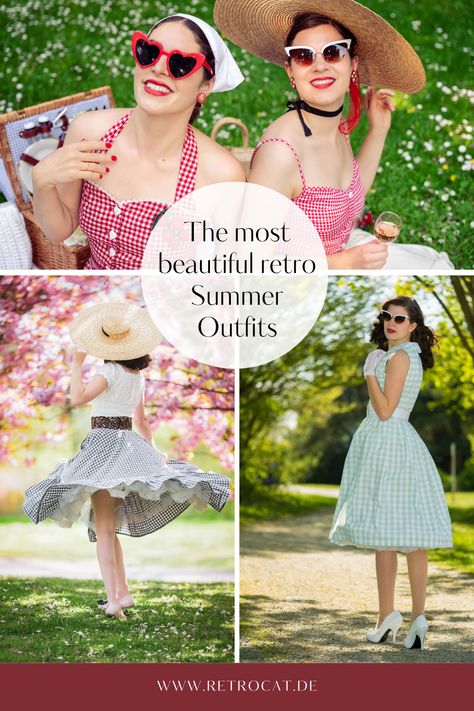 Fashion inspiration: Wonderful summer outfits with gingham pattern for vintage fans. Vichy Pattern, 50s Summer, Retro Summer Outfits, 50s Pin Up, Summer Brunch Outfit, 60s Look, Summer Brunch, Audrey Hepburn Style, Gingham Skirt