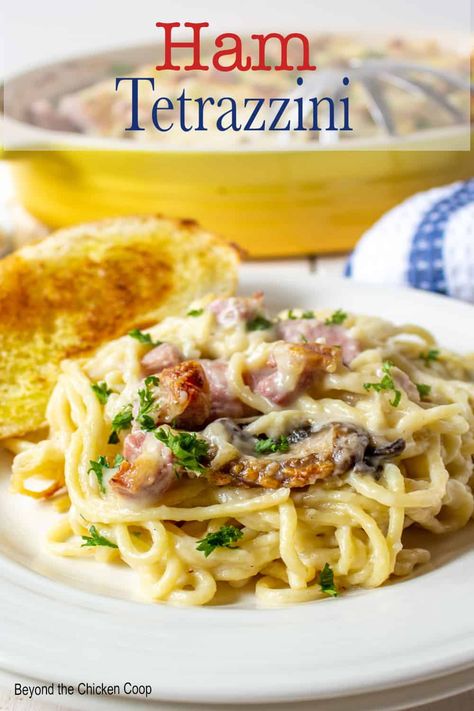 Ham Tetrazzini is a twist on the classic chicken tetrazzini. This delicious ham casserole is perfect to make with leftover ham and it can be made ahead of time. Your family will quickly devour this filling and tasty baked pasta. Ham Casseroles For Two, Ham Dishes Ideas, Beef Tetrazzini Recipe, Ham And Pasta Casserole Recipes, Leftover Ham Pasta Recipes, Pasta And Ham Recipes, Ham And Noodles Recipes, Ham Casseroles For Dinner, Things To Make With Ham