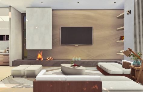 Modern Living Room Sims 4, Sims 4 Modern Living Room, Minimalist Cozy Living Room, Sims 4 Modern House, Living Room Sims 4, Modern Tv Room, Sims Inspiration, Sims 4 House Design, Casas The Sims 4