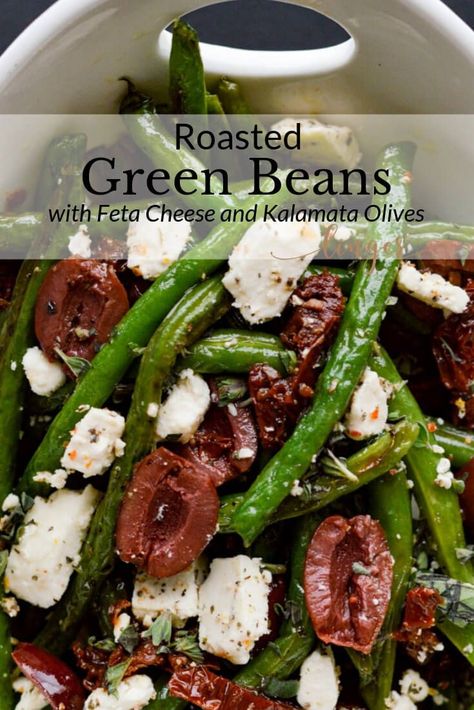 Fresh Green Beans roasted in the oven and combined with Feta, Sun-dried Tomatoes, and Kalamata Olives. This elegant side dish is perfect for your Easter Dinner. The flavors are magnificent. #greenbeans #roastedgreenbeans #sidedish Green Beans Roasted, Dinner Party Entrees, Oven Roasted Green Beans, Olive Recipes, Vegetables Recipes, Roasted Green Beans, Sundried Tomatoes, Green Beans And Tomatoes, Healthier Recipes