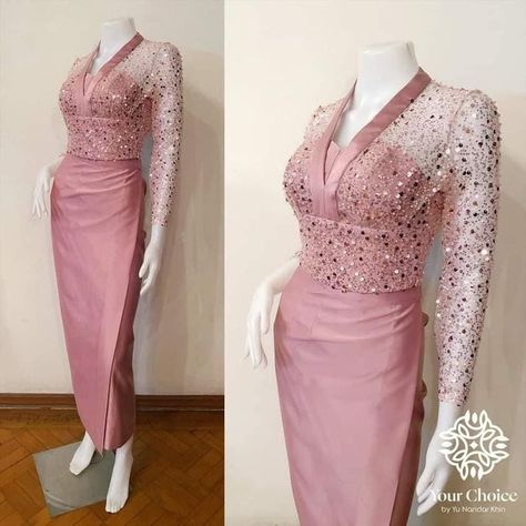 Bridesmaid Dresses Brokat, မြန်မာဝတ်စုံ Pattern, Bridesmaid Brokat, Kebaya Thailand, Long Dress Brokat, Model Dress Brokat Modern, Dress Wisuda, Myanmar Outfit, Model Dress Kebaya