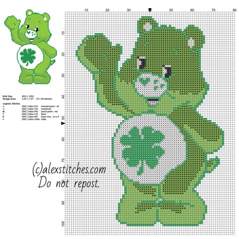 Good Luck Bear Care Bears character free cross stitch pattern 70 x 99 stitches 6 DMC threads Care Bear Cross Stitch Pattern Free, Care Bears Cross Stitch Patterns, Tinkerbell Design, Good Luck Bear, Free Cross Stitch Pattern, Free Cross Stitch Patterns, Stitch Character, Disney Cross Stitch Patterns, Cross Stitch For Kids