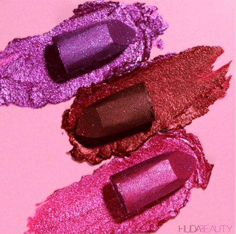 Huda Beauty's New Glittery Lipsticks Are Feeding Our Glitter Obsession – Glam Express Lipstick Photography, Product Reveal, Metallic Liquid Lipstick, Huda Beauty Makeup, Metallic Lipstick, Glitter Lipstick, Metallic Lips, Purple Lips, Glitter Wine