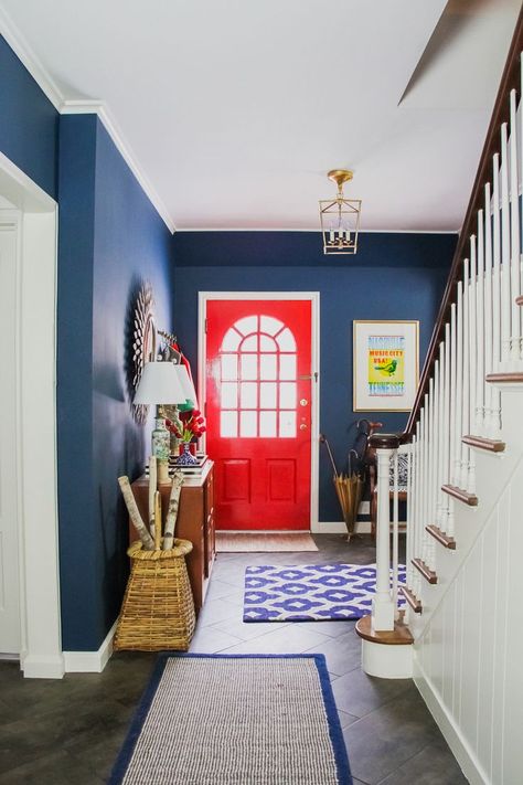 Preppy Navy Entryway, Red Front Door, Colorful Foyer Benjamin Moore Washington Blue, Million Dollar Red Preppy Entryway, Navy Entryway, Colorful Foyer, Red Door House, Blue Interiors, Inspiration Deco, Red Front Door, Front Door Makeover, Painted Front Doors