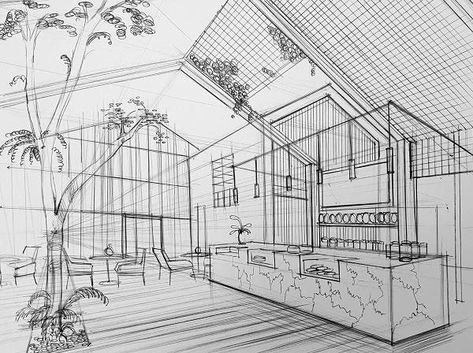 Cafe Drawing Interior, Cafe Perspective, Perspective Interior Drawing, 2 Point Perspective Drawing Interior, Architecture Perspective Drawing, Interior Perspective Drawing, Cafe Sketch, Croquis Architecture, 2 Point Perspective Drawing